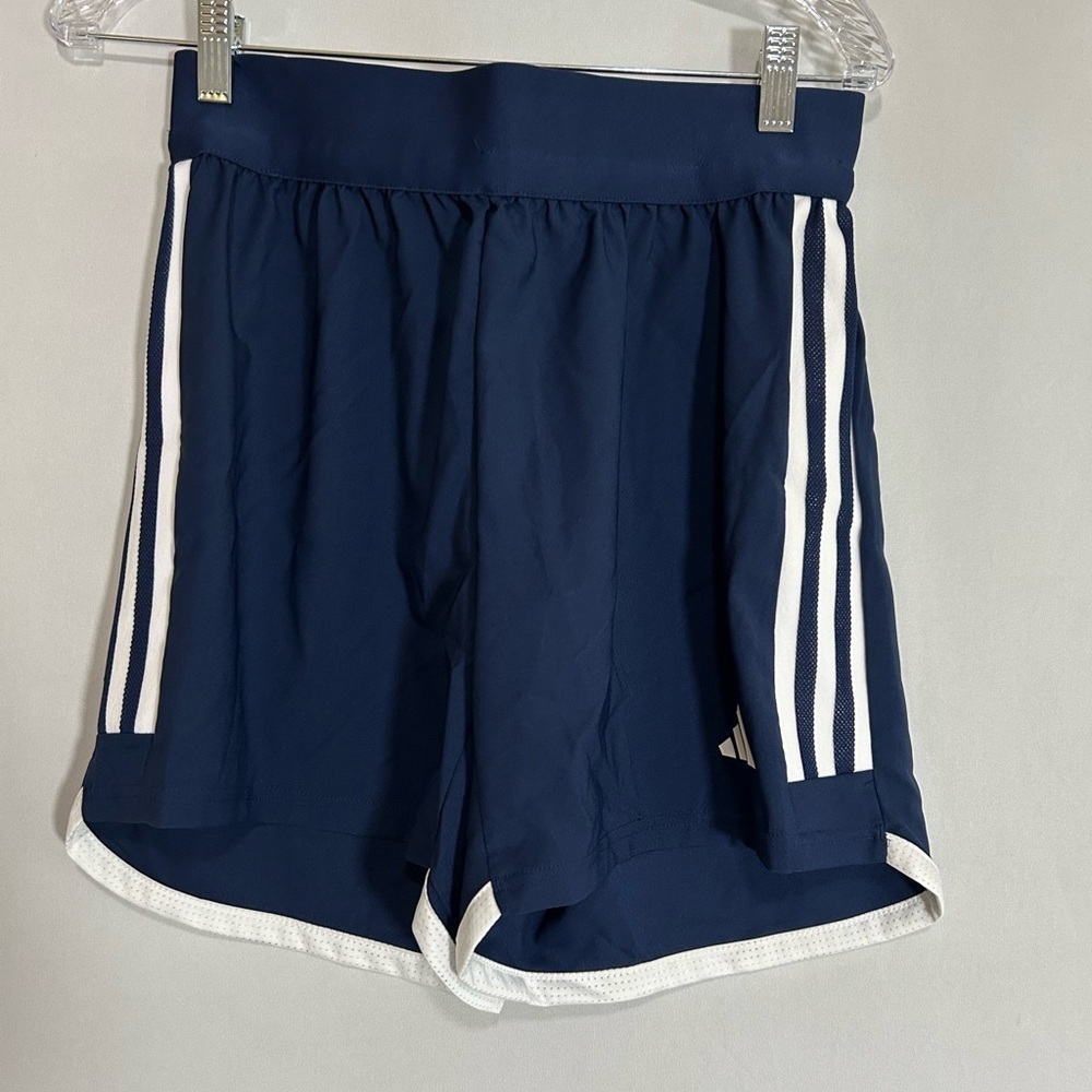 Adidas Blue and White Athletic Shorts with Classic Stripes Medium